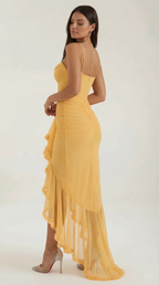 Abendkleid Damen mit Tüll-Rüschen und asymmetrischem Saum – Auréliane