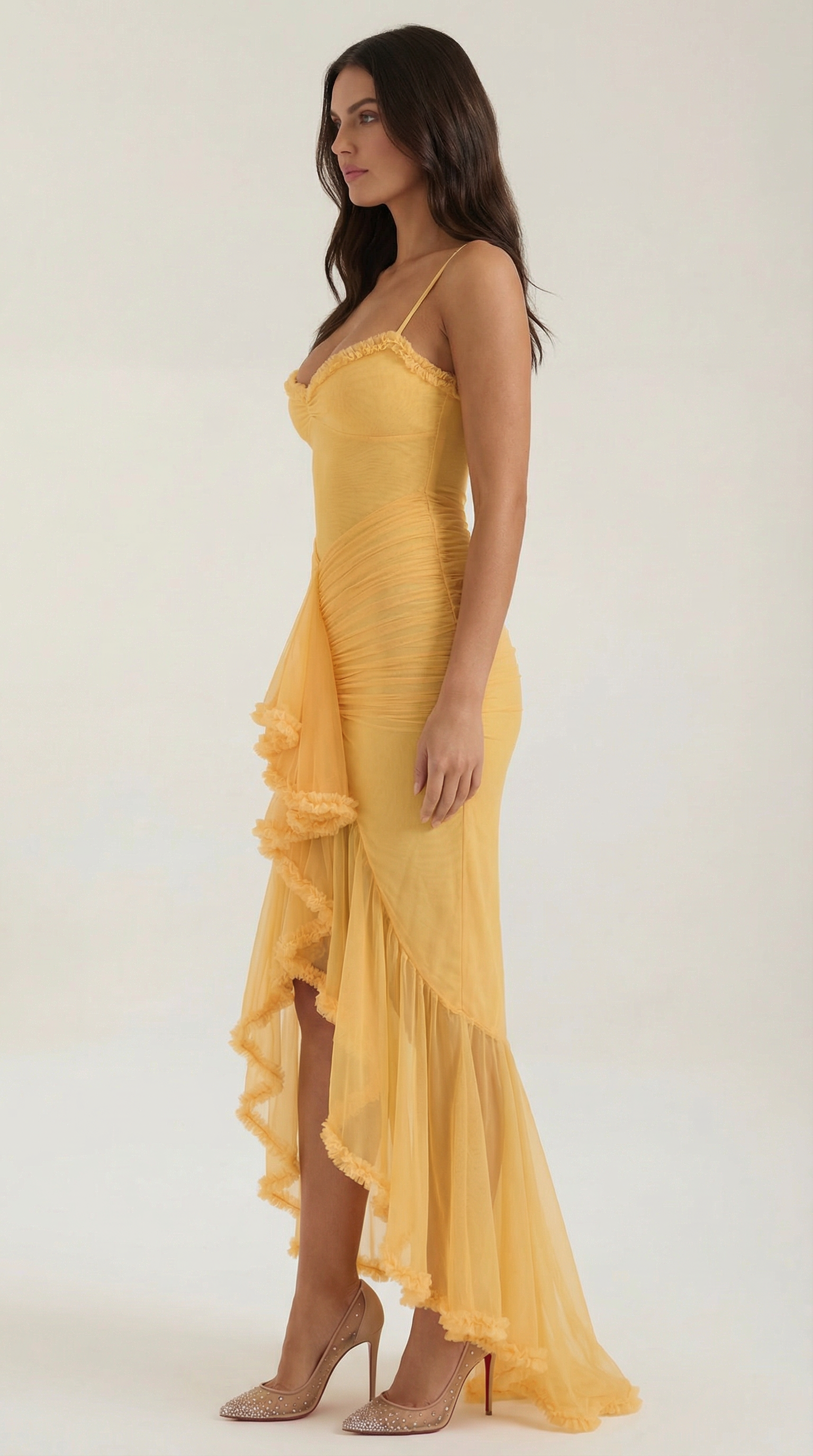 Abendkleid Damen mit Tüll-Rüschen und asymmetrischem Saum – Auréliane