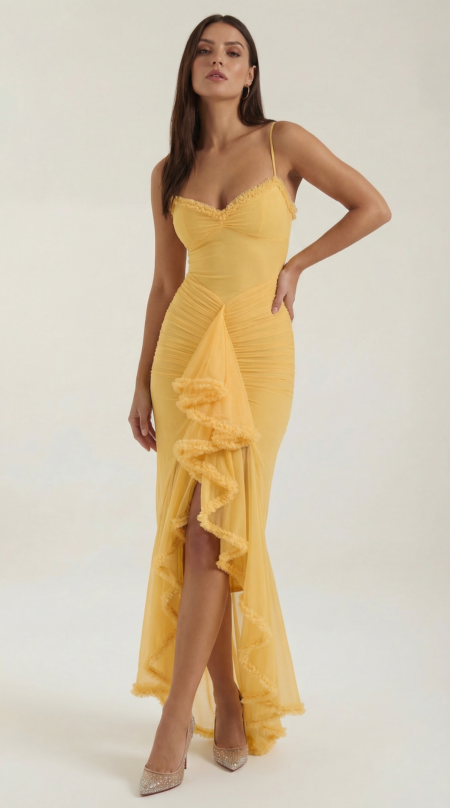 Abendkleid Damen mit Tüll-Rüschen und asymmetrischem Saum – Auréliane