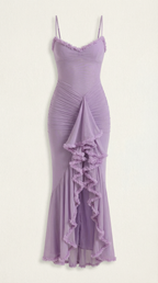 Abendkleid Damen mit Tüll-Rüschen und asymmetrischem Saum – Auréliane