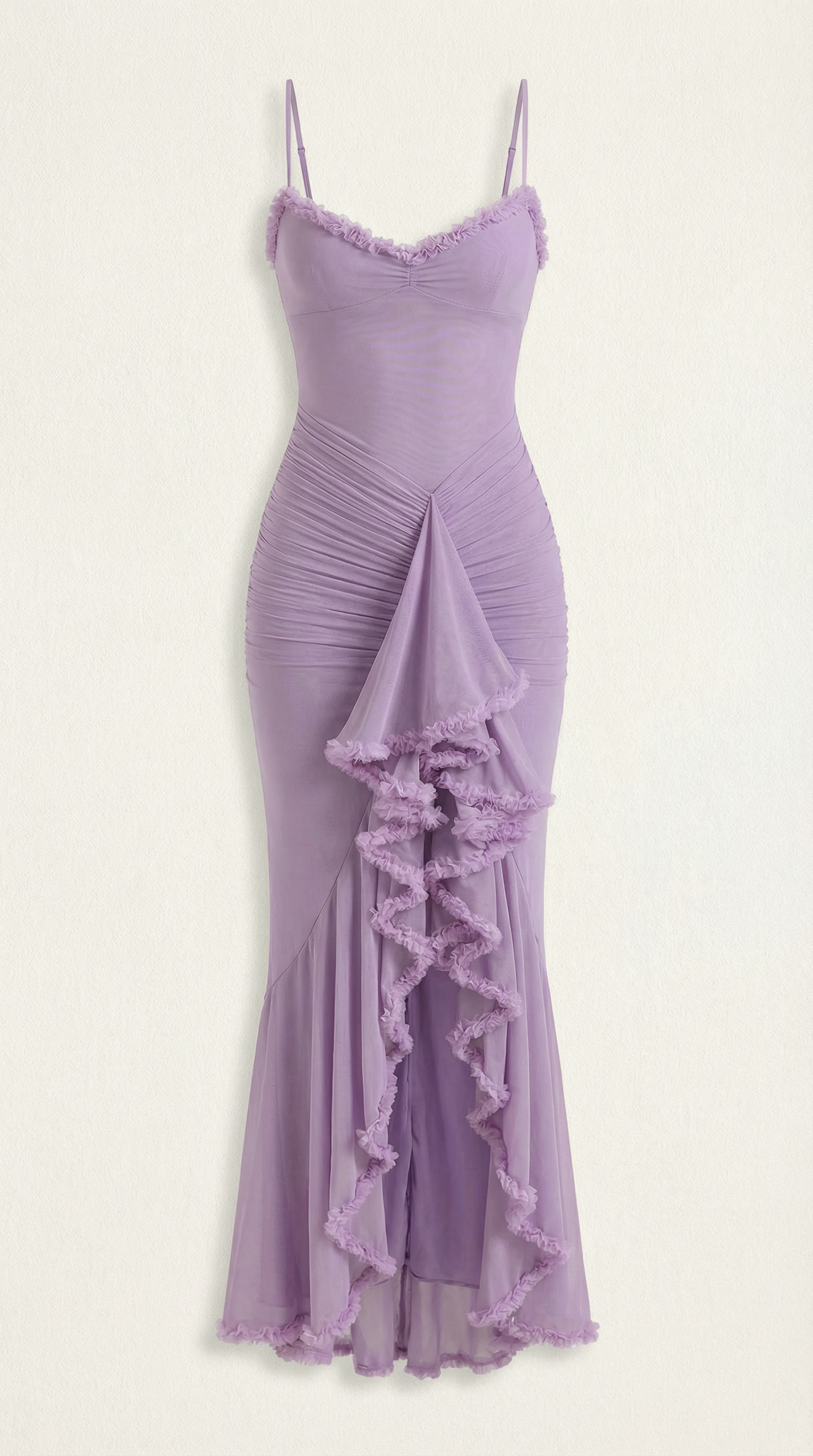 Abendkleid Damen mit Tüll-Rüschen und asymmetrischem Saum – Auréliane