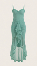Abendkleid Damen mit Tüll-Rüschen und asymmetrischem Saum – Auréliane