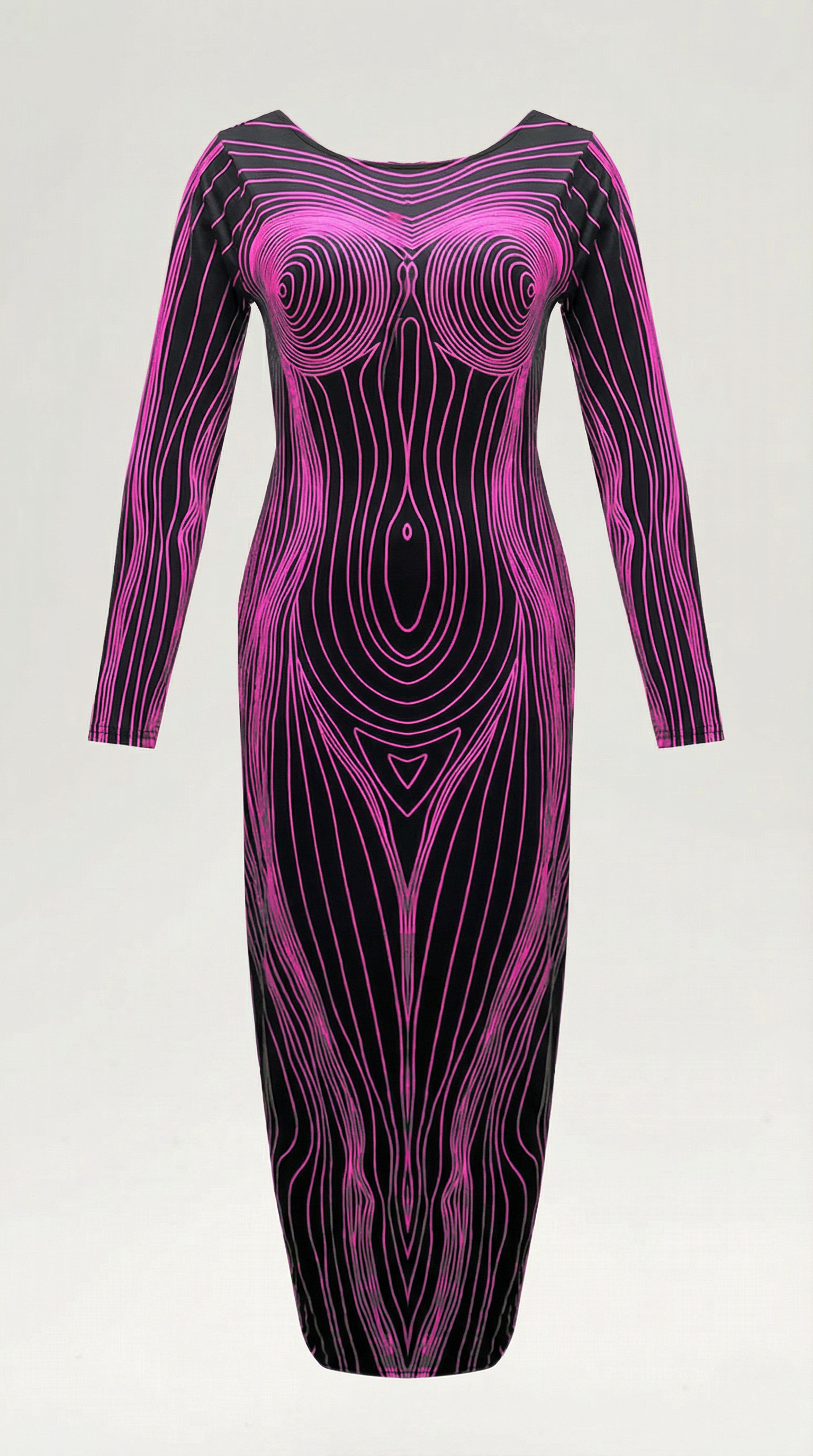 Maxikleid Damen mit grafischem Körper-Print und eng anliegendem Langarmschnitt – Roxane
