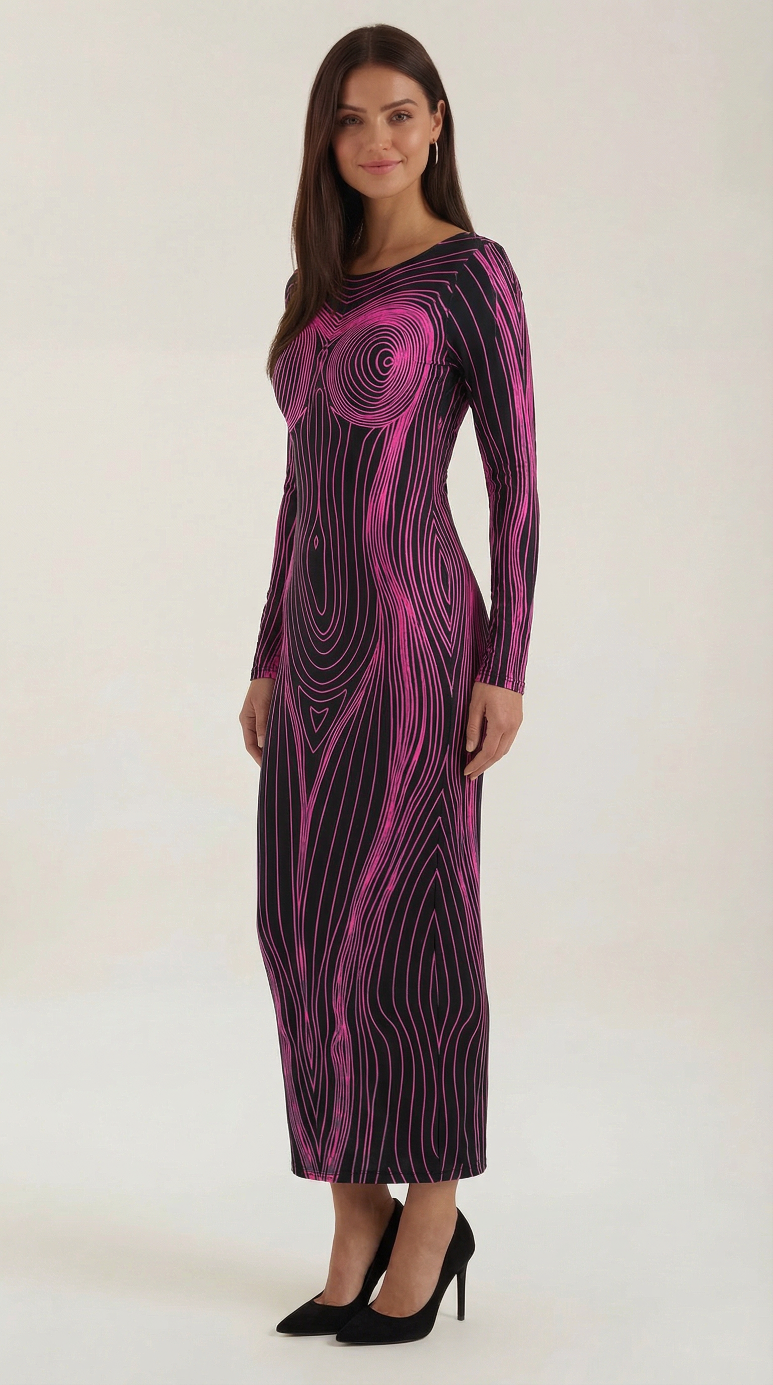Maxikleid Damen mit grafischem Körper-Print und eng anliegendem Langarmschnitt – Roxane
