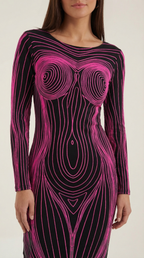 Maxikleid Damen mit grafischem Körper-Print und eng anliegendem Langarmschnitt – Roxane