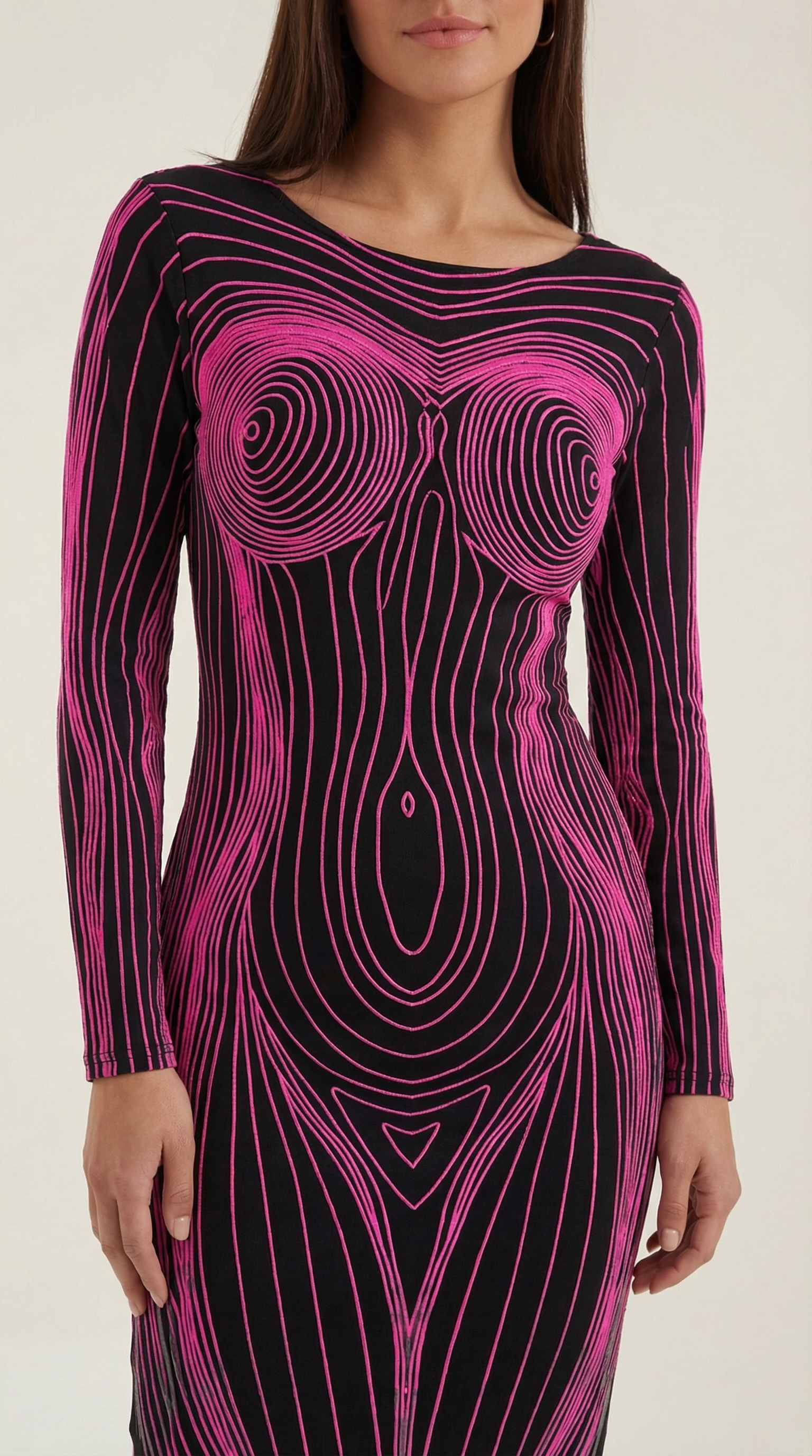 Maxikleid Damen mit grafischem Körper-Print und eng anliegendem Langarmschnitt – Roxane