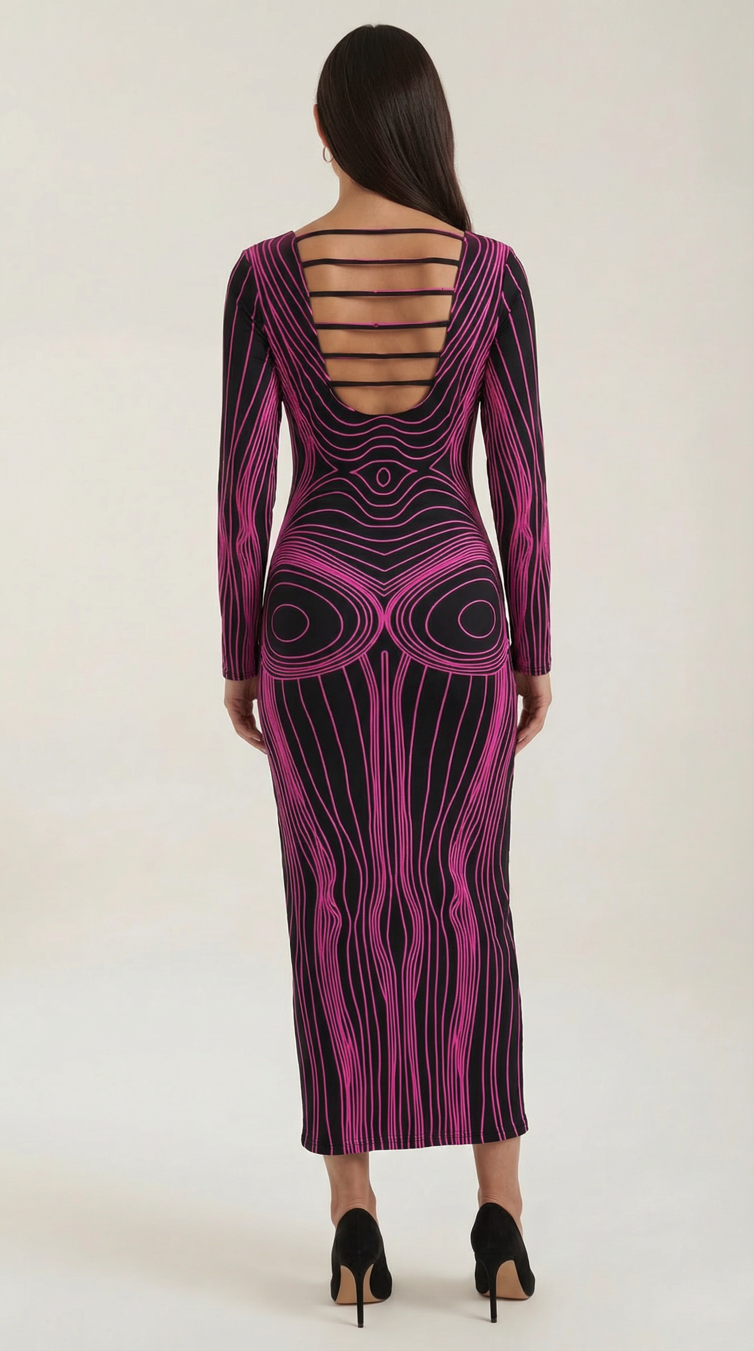 Maxikleid Damen mit grafischem Körper-Print und eng anliegendem Langarmschnitt – Roxane
