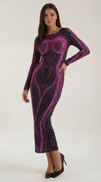 Maxikleid Damen mit grafischem Körper-Print und eng anliegendem Langarmschnitt – Roxane