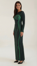 Maxikleid Damen mit grafischem Körper-Print und eng anliegendem Langarmschnitt – Roxane