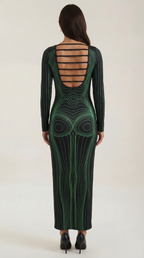 Maxikleid Damen mit grafischem Körper-Print und eng anliegendem Langarmschnitt – Roxane