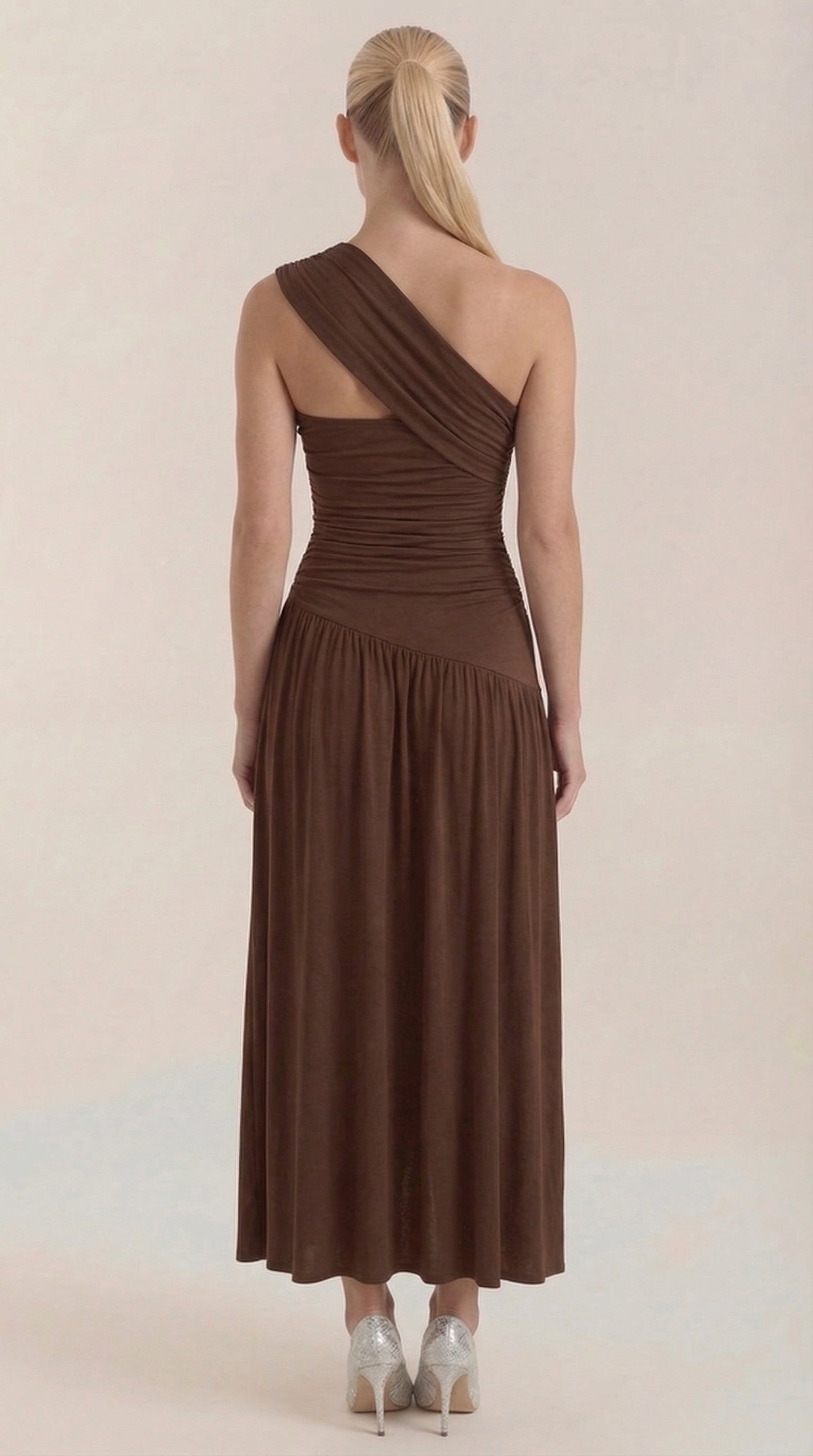 Maxikleid Damen mit One-Shoulder-Ausschnitt und Raffung – Thessalonike