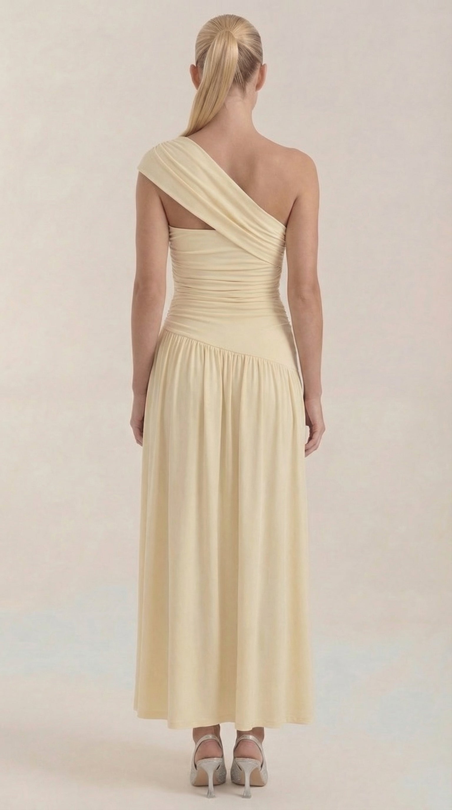 Maxikleid Damen mit One-Shoulder-Ausschnitt und Raffung – Thessalonike