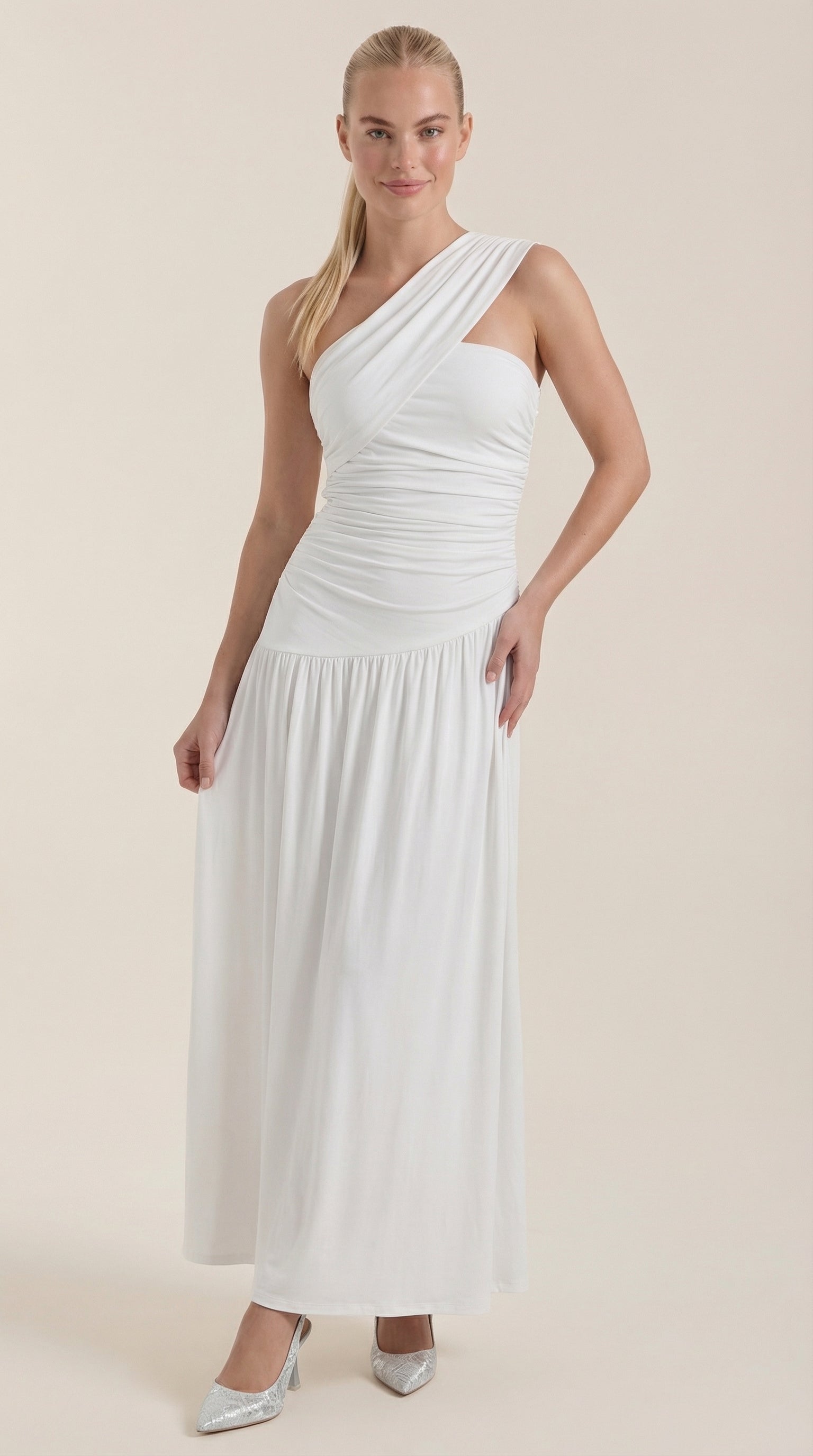 Maxikleid Damen mit One-Shoulder-Ausschnitt und Raffung – Thessalonike