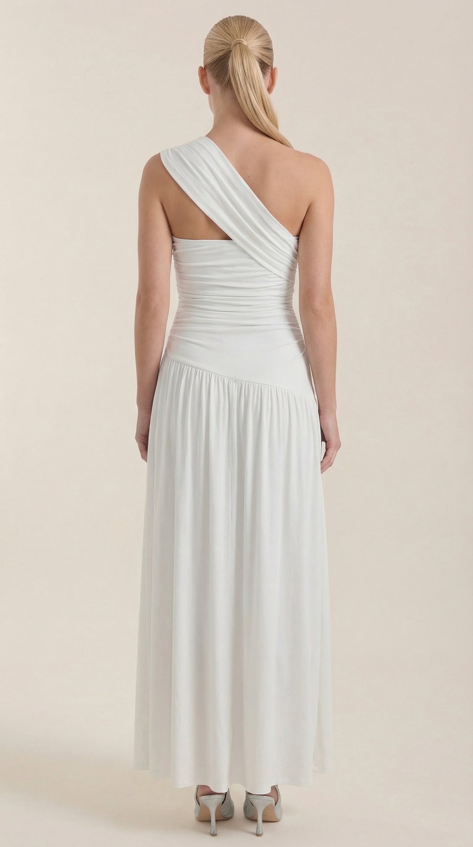 Maxikleid Damen mit One-Shoulder-Ausschnitt und Raffung – Thessalonike