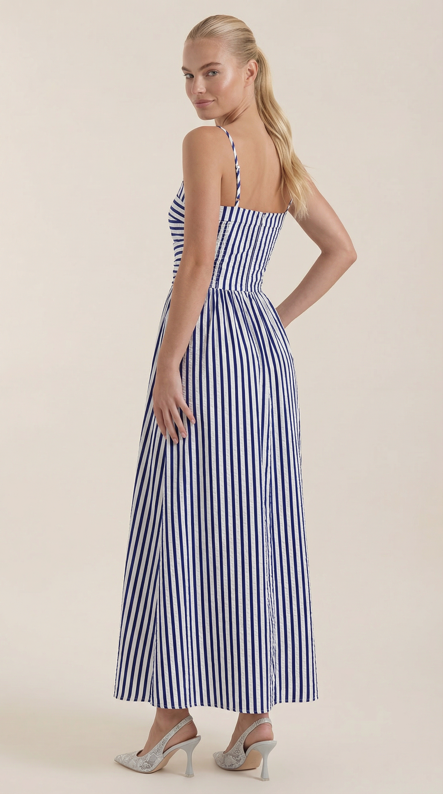 Midikleid Damen mit Streifen-Print und geraffte Oberteil – Margaux