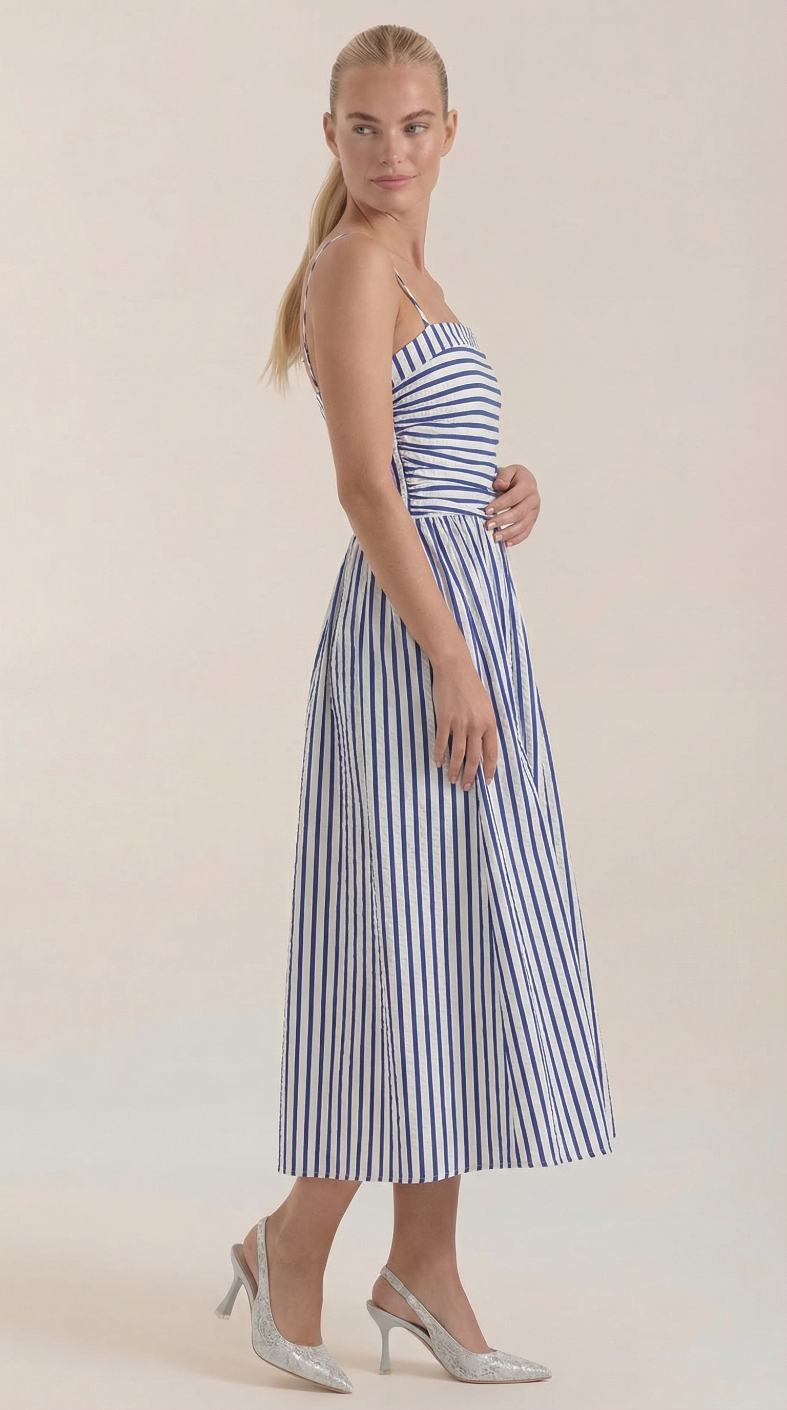 Midikleid Damen mit Streifen-Print und geraffte Oberteil – Margaux