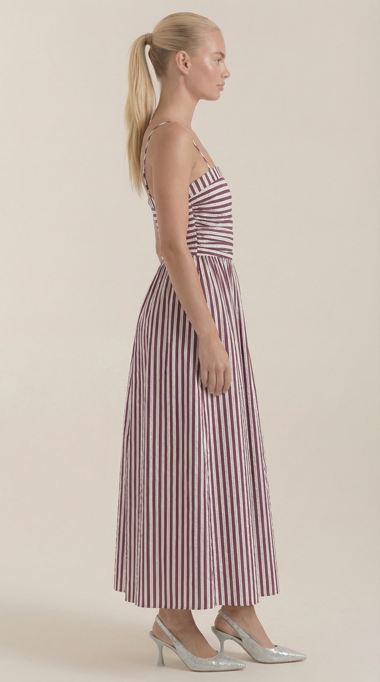 Midikleid Damen mit Streifen-Print und geraffte Oberteil – Margaux