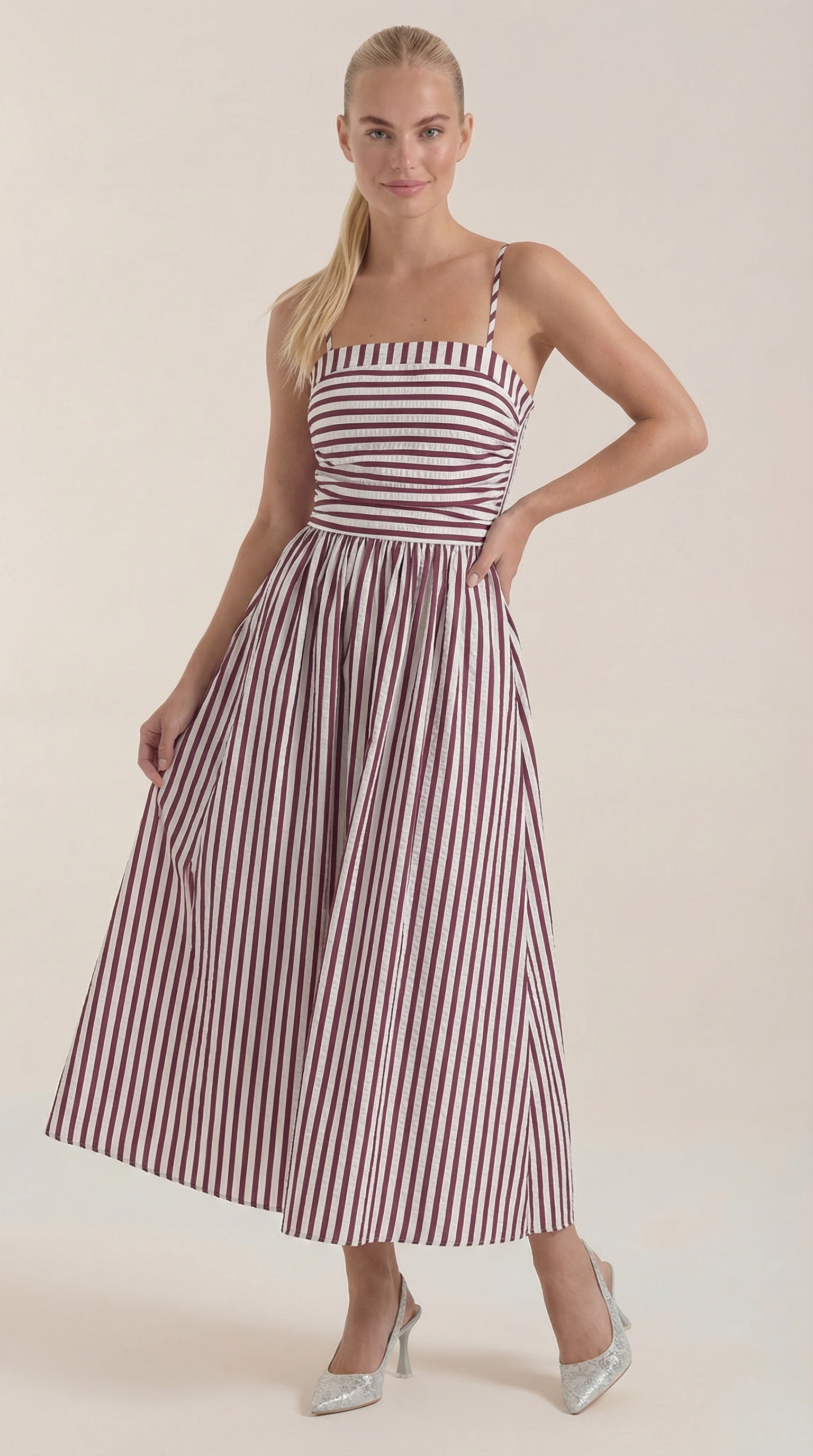 Midikleid Damen mit Streifen-Print und geraffte Oberteil – Margaux