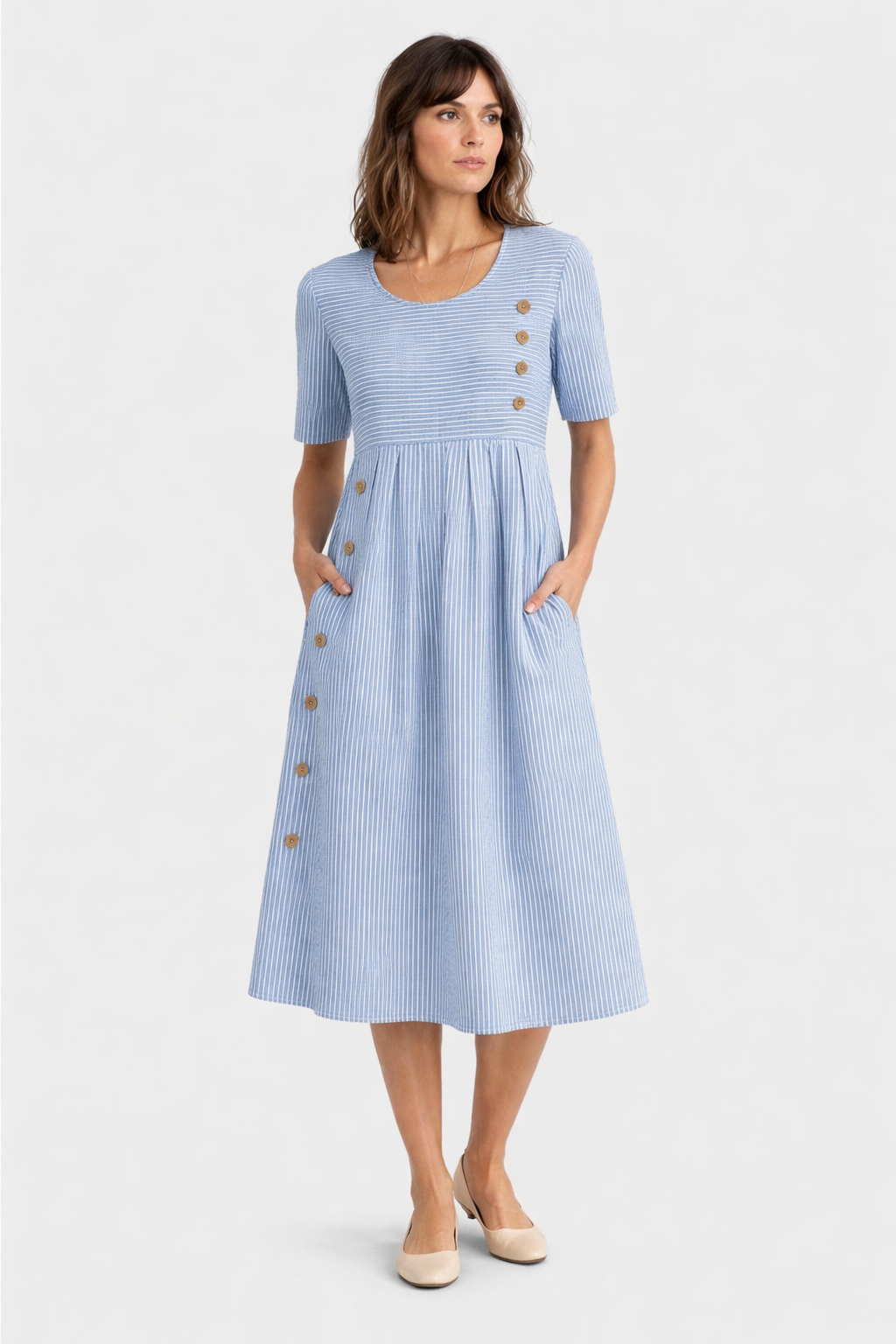 Midikleid Damen mit Streifenmuster und dekorativen Knöpfen – Rosalinde