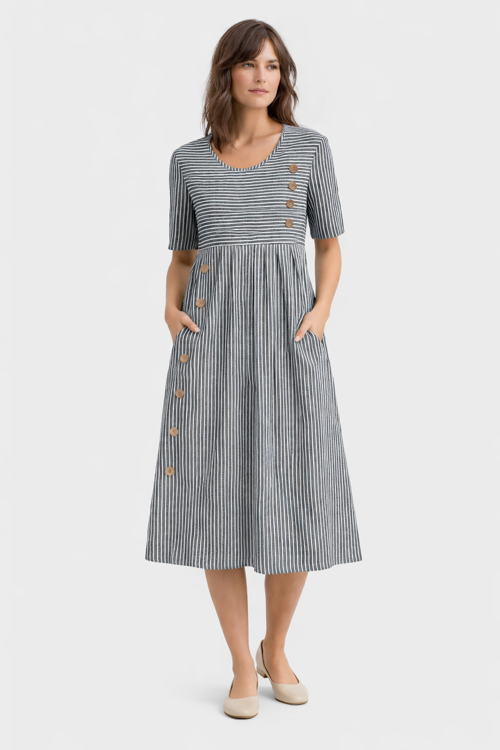 Midikleid Damen mit Streifenmuster und dekorativen Knöpfen – Rosalinde