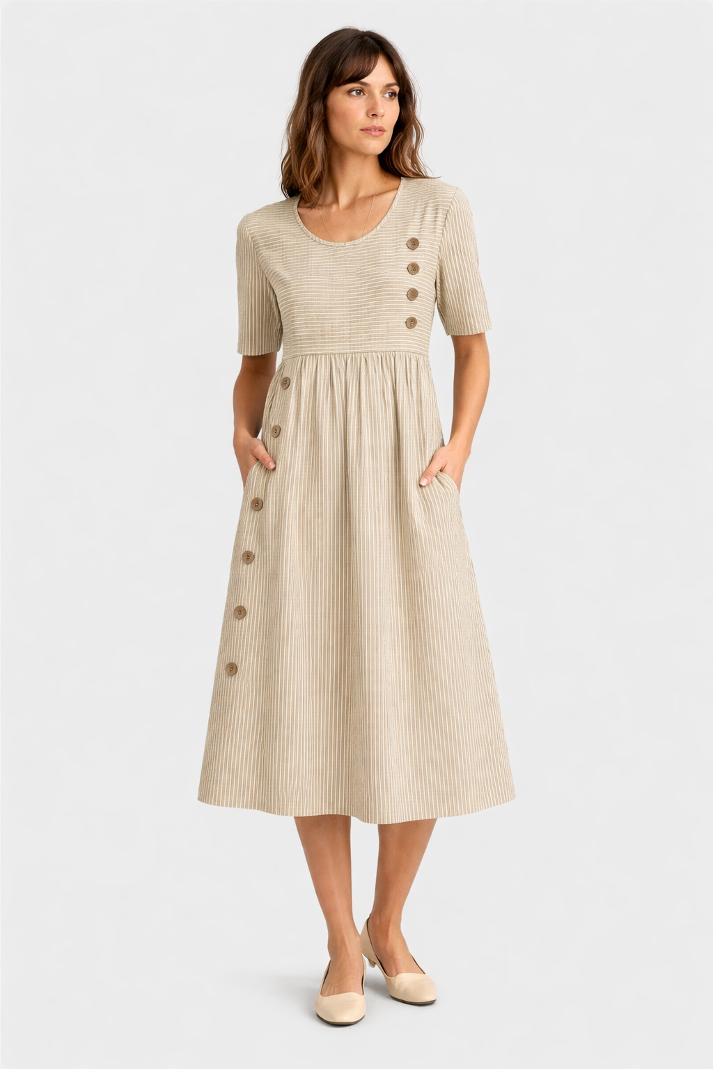 Midikleid Damen mit Streifenmuster und dekorativen Knöpfen – Rosalinde