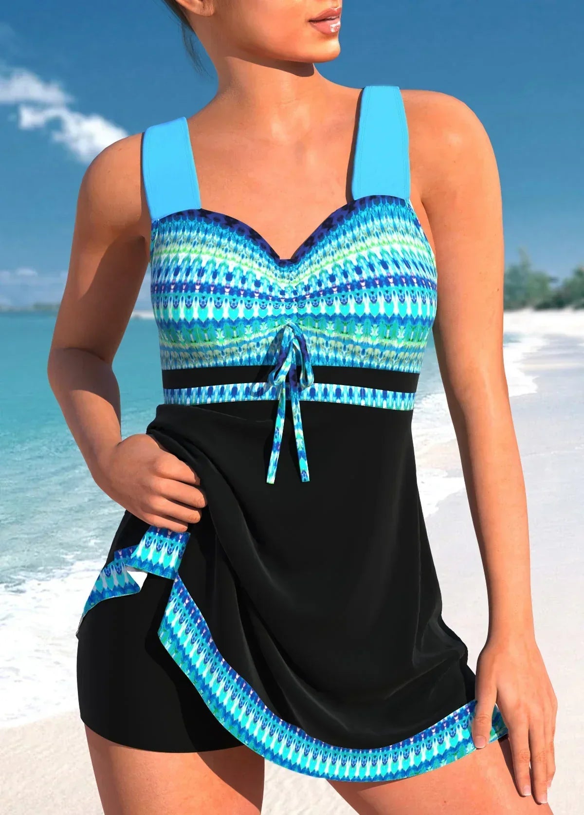 Tankini Damen mit Rocküberwurf und Bindung in gemustertem Print – Marinella