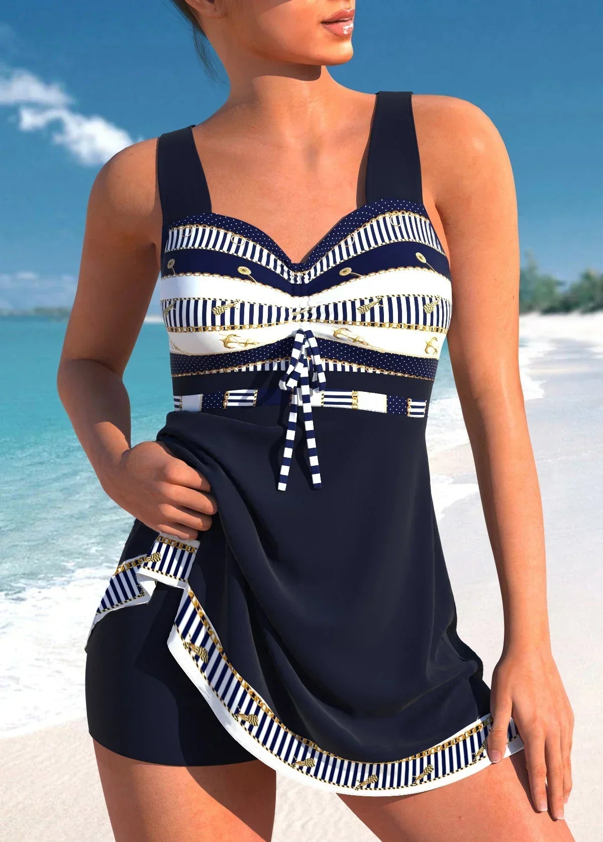 Tankini Damen mit Rocküberwurf und Bindung in gemustertem Print – Marinella